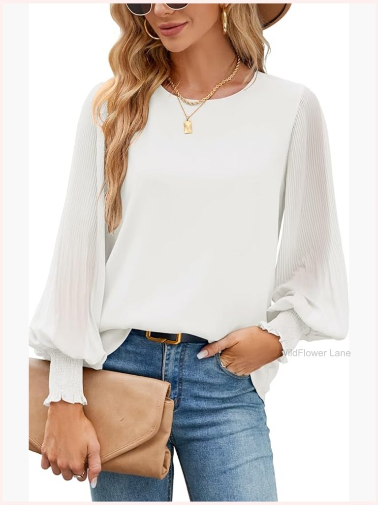 Crew Neck Pleated Lantern Sleeve Chiffon Blouse Work Shirt